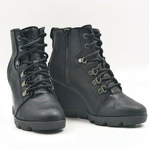 Sorel Women Joan Uptown Black Leather Lace Wedge Ankle Boots Sz 6.5